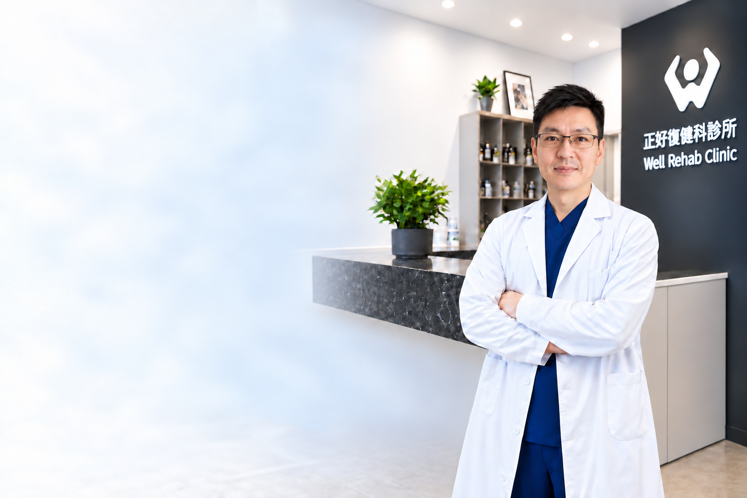 吳鑑倫醫師站在正好復健科診所櫃檯前